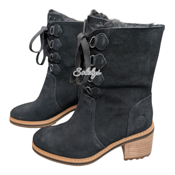 Timberland Sienna High Waterproof Mid Black Suede Leather Lace Up Heel Boot 6.5 - Picture 3 of 9